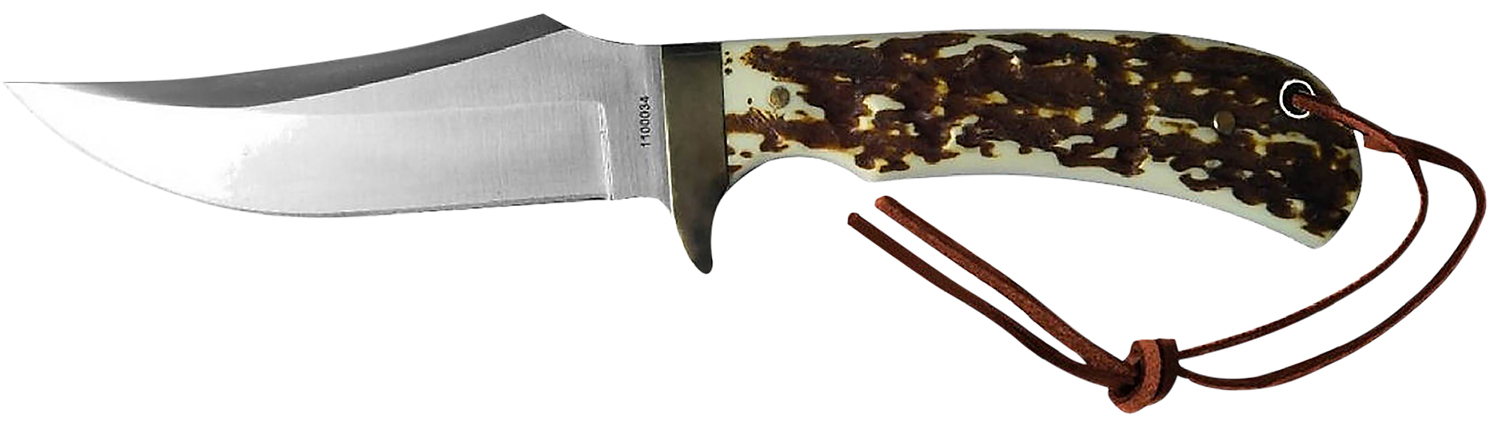 Uncle Henry old 1100035 Next Gen Staglon  4.25" Skinner Plain Satin Stainless Steel Blade 4.25" Staglon Handle Features Brass Finger Guard Includes Sheath