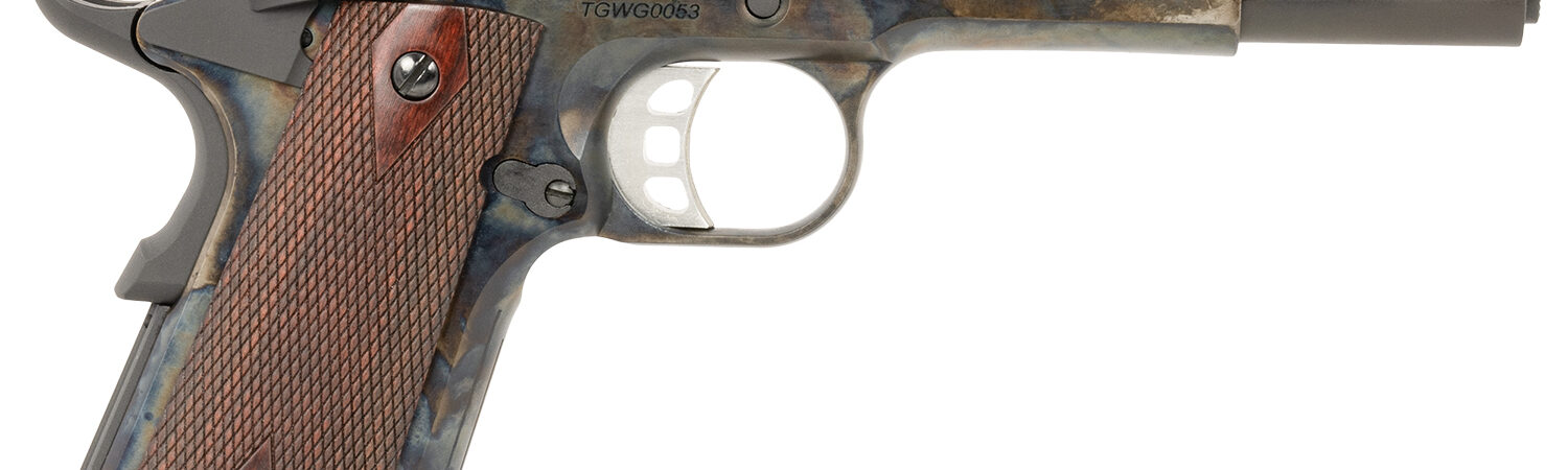 Tyler Gun Works TGWGVCC45 Custom 1911 Government Full Size Frame 45 ACP 7+1 5" Stainless Match Grade Barrel, Blued Serrated Steel Slide, Color Case Steel Frame w/Beavertail, Walnut Grip