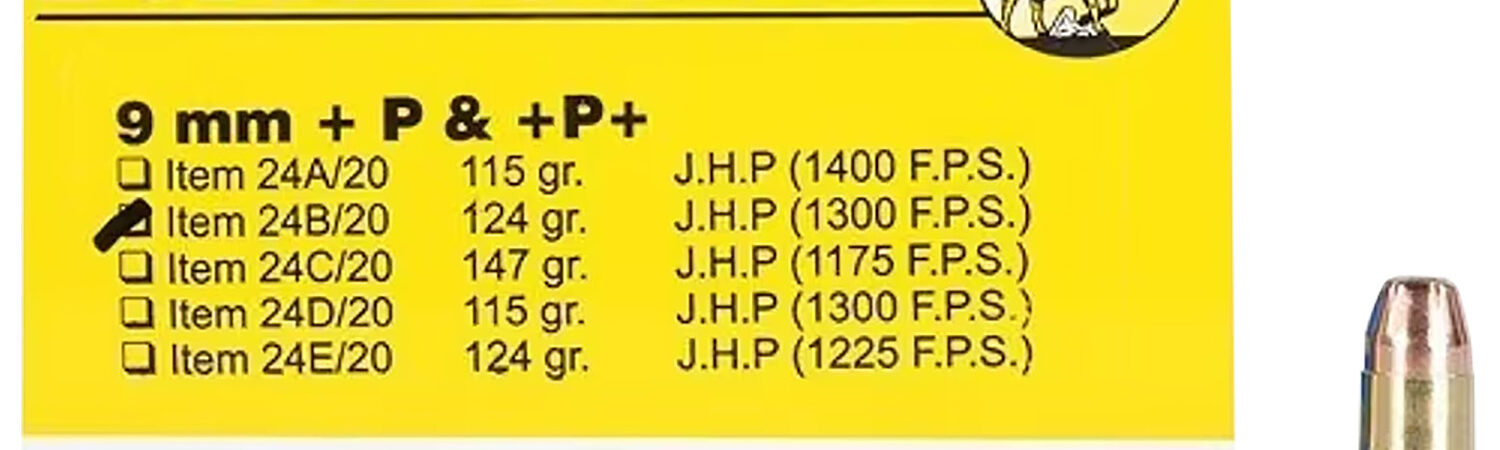 Buffalo Bore Ammunition 24B20 Personal Defense Strictly Business 9mmLuger +P+ 124gr Jacket Hollow Point 20 Per Box/12 Case