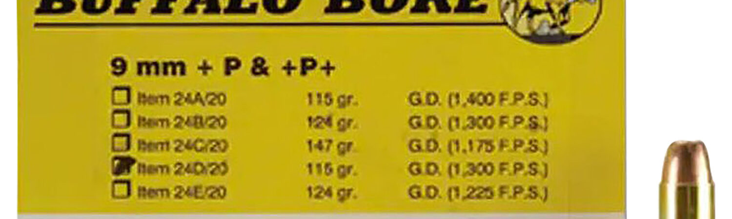 Buffalo Bore Ammunition 24D20 Personal Defense Strictly Business 9mmLuger +P 115gr Jacket Hollow Point 20 Per Box/12 Case