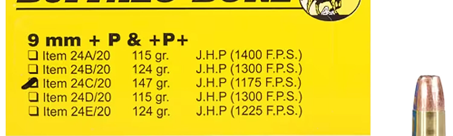 Buffalo Bore Ammunition 24C20 Personal Defense Strictly Business 9mmLuger +P+ 147gr Jacket Hollow Point 20 Per Box/12 Case