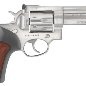Ruger 1771 GP100  357 Mag 7 Shot, 4.20" Satin Stainless Steel Barrel, Satin Stainless Cylinder, Satin Stainless Steel Frame, Black Rubber w/Wood Insert Grip, Exposed Hammer